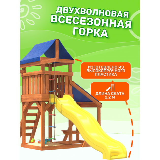 Детская площадка с качелями, горкой и столиком с крышей