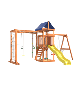 Детская площадка с сеткой, рукоходом, качелями и плетенным креслом