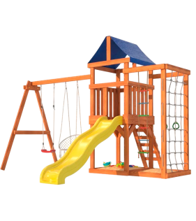 Детская площадка с сеткой стенкой и плетенным креслом...