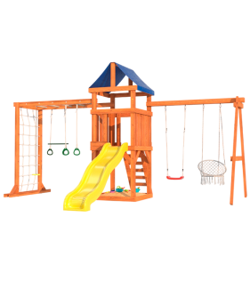 Детская площадка с сеткой, рукоходом, качелями и плетенным креслом...