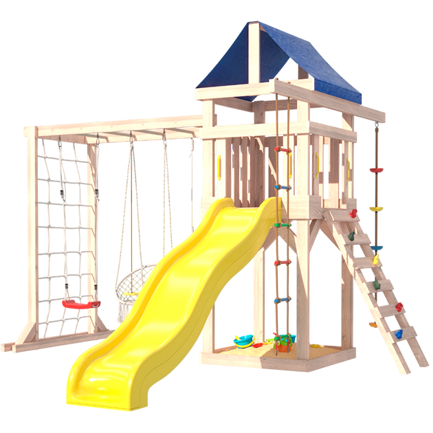 Детская площадка неокрашенная с модулем сетка-рукоход, подвесным креслом и качелями
