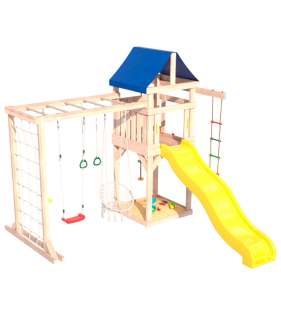 Детская площадка неокрашенная с модулем сетка-рукоход, подвесным креслом и качелями
