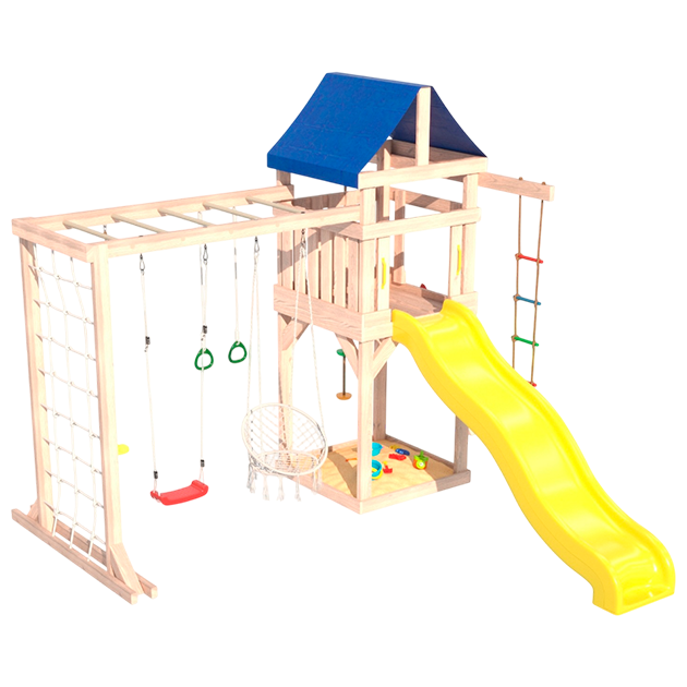 Детская площадка неокрашенная с модулем сетка-рукоход, подвесным креслом и качелями