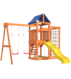 Детская площадка для улицы и дачи с сеткой стенкой для лазания и качелями лодочк...