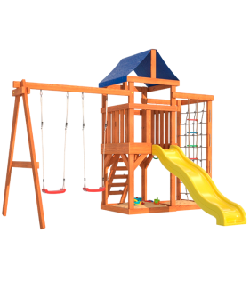 Детская площадка для улицы и дачи с сеткой стенкой для лазания и качелями лодочк...