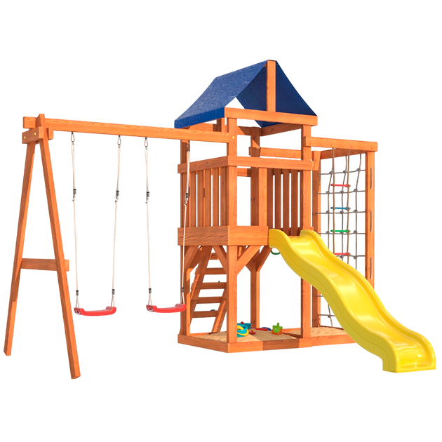 Детская площадка для улицы и дачи с сеткой стенкой для лазания и качелями лодочка.