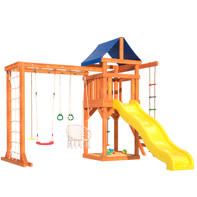 Детская площадка с сеткой для лазания, качелями и гнездом