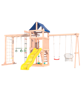 Детская площадка для улицы и дачи неокрашенная с сеткой, рукоходом и качелями