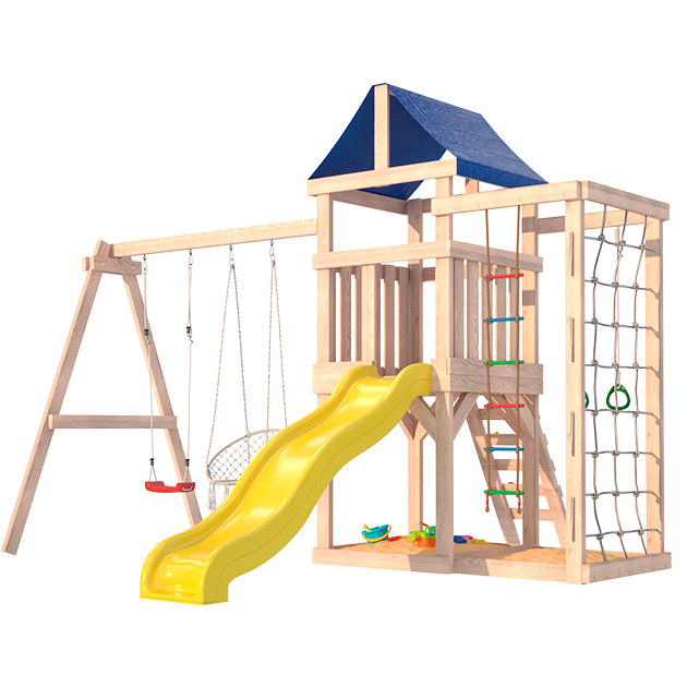 Детская площадка неокрашенная с сеткой стенкой и плетенным креслом