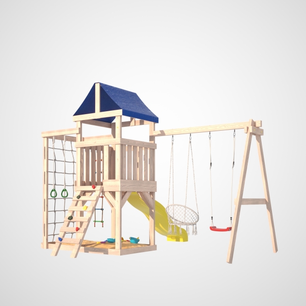 Детская площадка некорашенная Grid-2 с сеткой для лазания, качелями гнездо Свиби в зеленом цвете