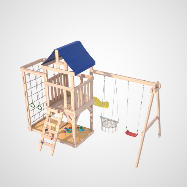 Детская площадка некорашенная Grid-2 с сеткой для лазания, качелями гнездо Свиби в зеленом цвете