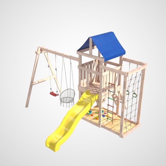 Детская площадка некорашенная Grid-2 с сеткой для лазания, качелями гнездо Свиби в зеленом цвете