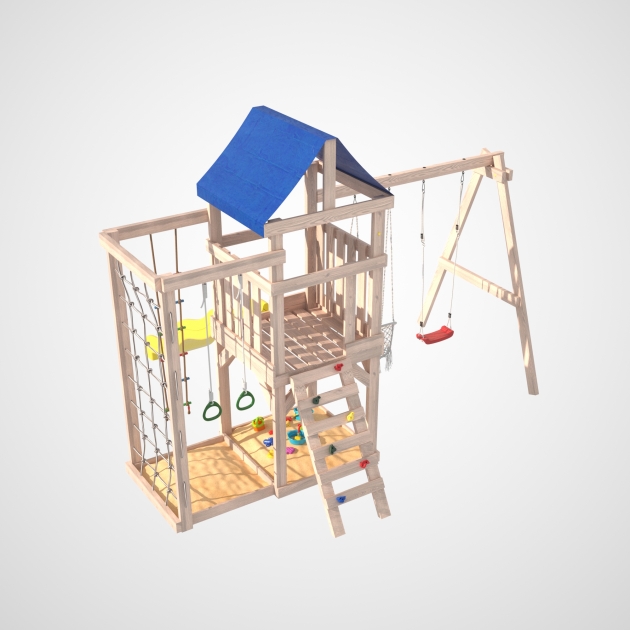 Детская площадка некорашенная Grid-2 с сеткой для лазания, качелями гнездо Свиби в зеленом цвете