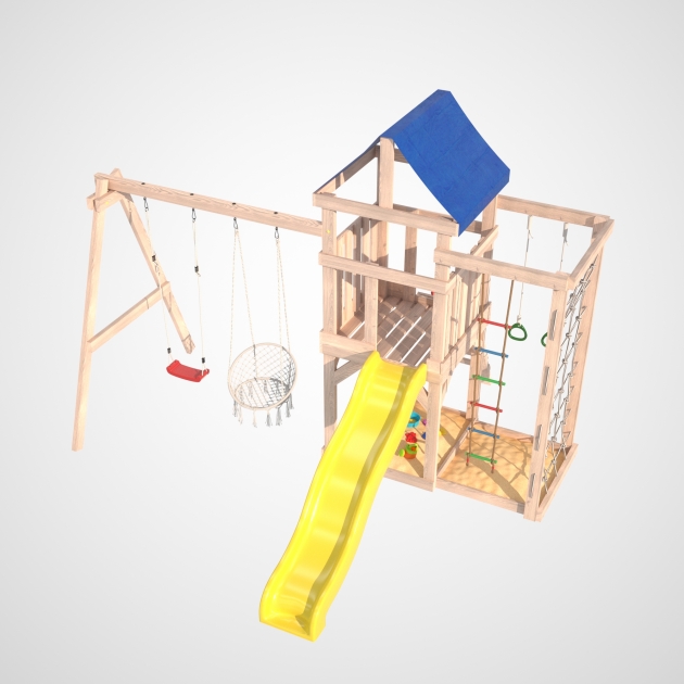 Детская площадка некорашенная Grid-2 с сеткой для лазания, качелями гнездо Свиби в зеленом цвете