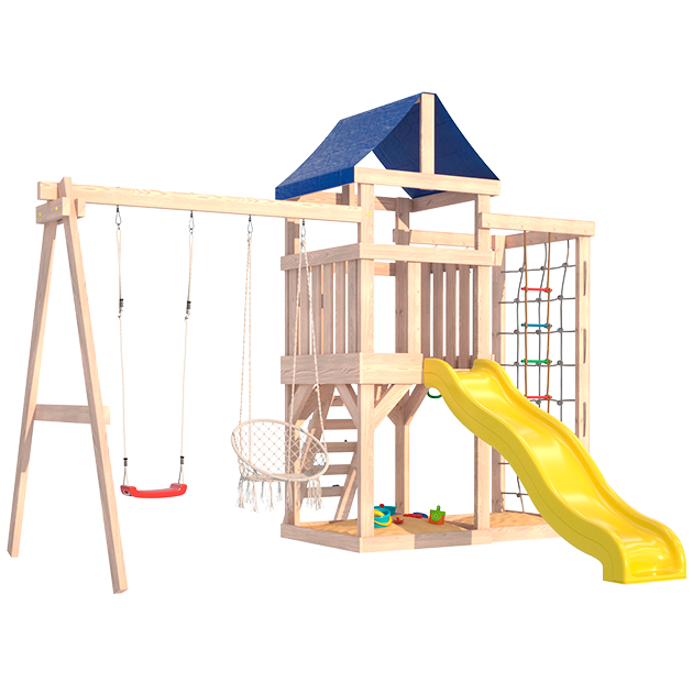 Детская площадка неокрашенная с сеткой стенкой и плетенным креслом