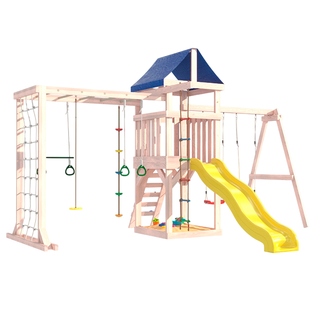 Детская площадка неокрашенная с сеткой для лазания и с качелями лодочка