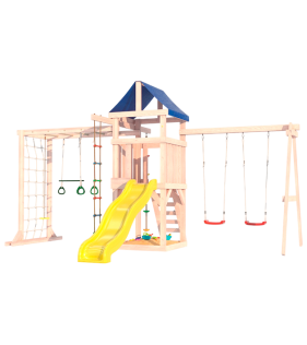 Детская площадка неокрашенная с сеткой для лазания и с качелями лодочка