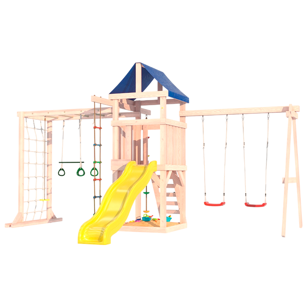 Детская площадка неокрашенная с сеткой для лазания и с качелями лодочка