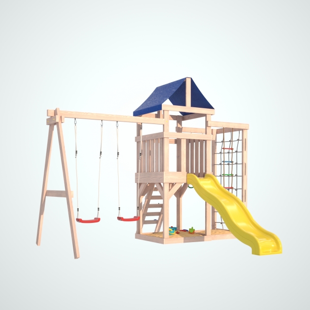 Детская площадка для улицы и дачи Fun Land неокрашенная с сеткой стенкой и качелями