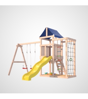 Детская площадка для улицы и дачи Fun Land неокрашенная с сеткой стенкой и качелями