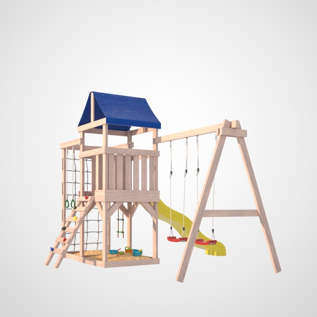 Детская площадка для улицы и дачи Fun Land неокрашенная с сеткой стенкой и качелями
