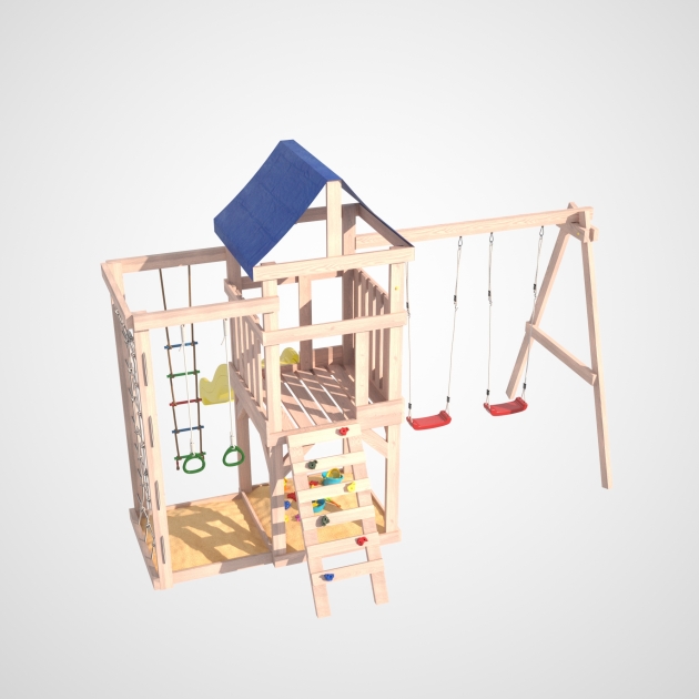 Детская площадка для улицы и дачи Fun Land неокрашенная с сеткой стенкой и качелями