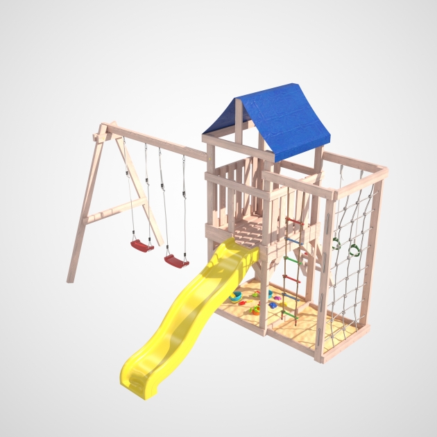 Детская площадка для улицы и дачи Fun Land неокрашенная с сеткой стенкой и качелями