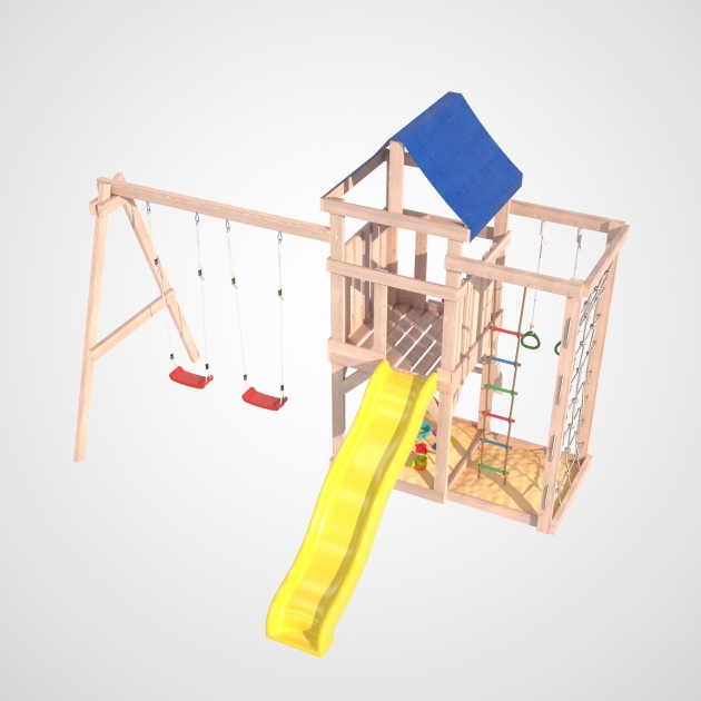 Детская площадка для улицы и дачи Fun Land неокрашенная с сеткой стенкой и качелями