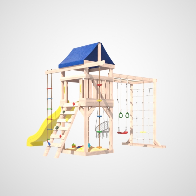 Детская площадка ДКПМ-9 с сеткой стенкой для лазания, качелями лодочка и 3 в 1