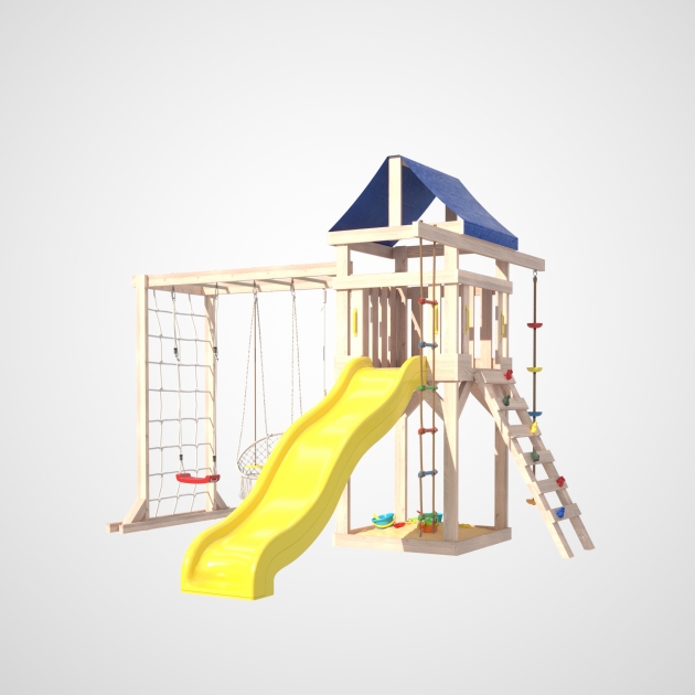 Детская площадка ДКПМ-9 с сеткой стенкой для лазания, качелями лодочка и 3 в 1
