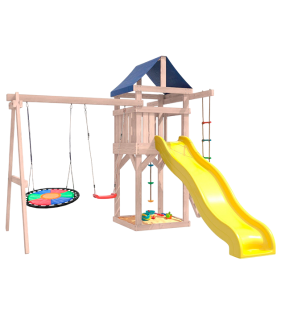 Детская площадка неокрашенная с качелями лодочка и разноцветным гнездом для улицы и дачи