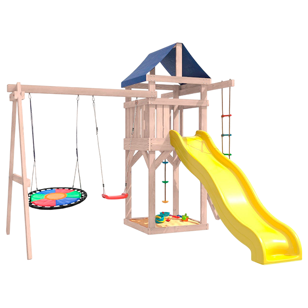Детская площадка неокрашенная с качелями лодочка и разноцветным гнездом для улицы и дачи