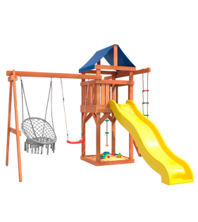 Детская площадка с качелями лодочка и подвесным плетёным креслом
