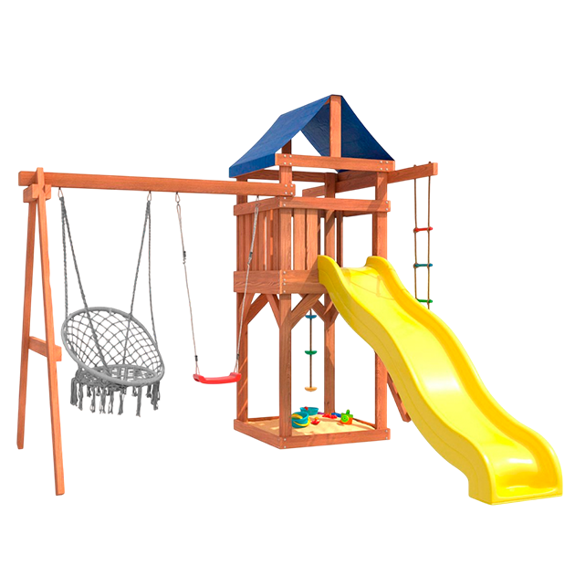 Детская площадка с качелями лодочка и подвесным плетёным креслом