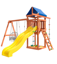 Детская площадка с качелями лодочка и подвесным плетёным креслом...