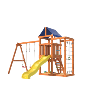 Детская площадка для улицы и дачи с сеткой стенкой для лазания и качелями лодочк...