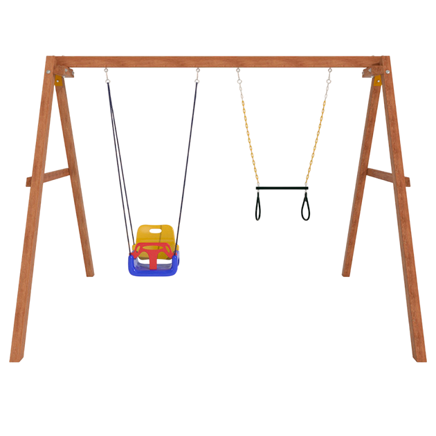 Деревянные качели с качелями со спинкой и трапецией