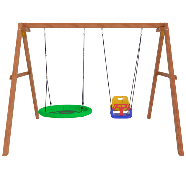 Деревянные качели с качелями со спинкой и качелями гнездо