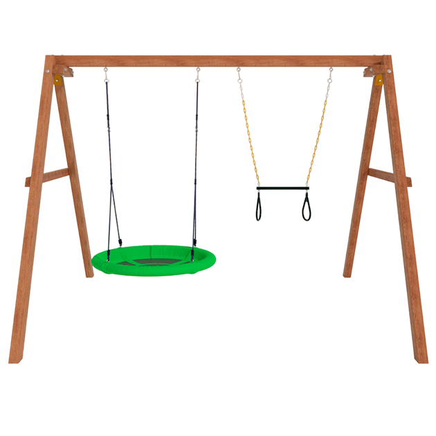 Деревянные качели с трапецией и качелями гнездо