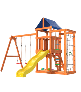 Детская площадка для улицы и дачи с сеткой стенкой для лазания и качелями лодочк...
