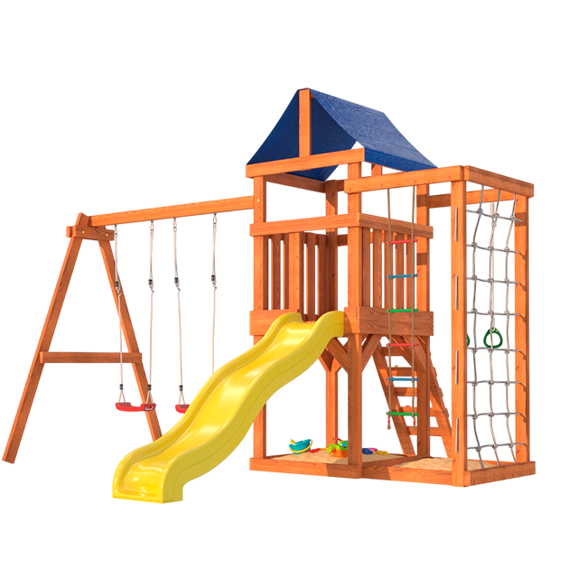 Детская площадка для улицы и дачи с сеткой стенкой для лазания и качелями лодочка.