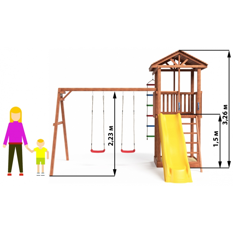 Детская площадка с качелями и деревянной крышей