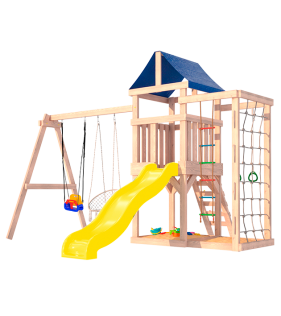 Детская площадка неокрашенная с сеткой стенкой для лазания, качелями 3 в 1 и пле...