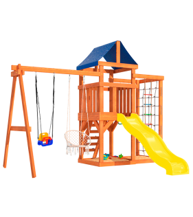 Детская площадка с сеткой стенкой для лазания, качелями 3 в 1 и плетенным креслом