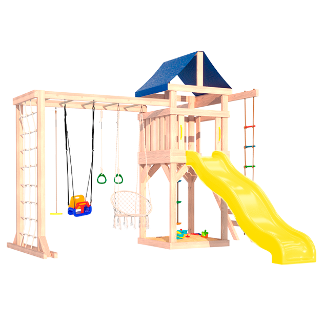Детская площадка неокрашеная с рукоходом, подвесным креслом и качелями для малышей