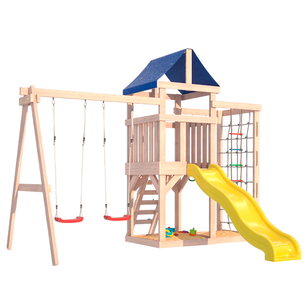 Детская площадка для улицы и дачи неокрашенная с сеткой стенкой и качелями