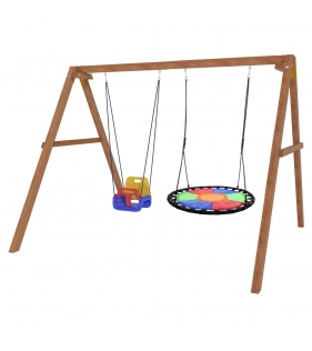 Деревянные качели с разноцветным гнездом и качелями со спинкой