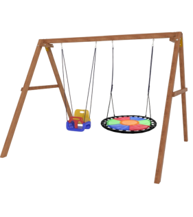 Деревянные качели с разноцветным гнездом и качелями со спинкой...