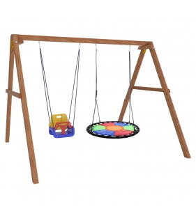Деревянные качели с разноцветным гнездом и качелями со спинкой