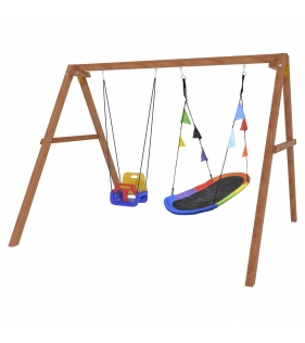 Деревянные качели с овальным разноцветным гнездом и качелями со спинкой